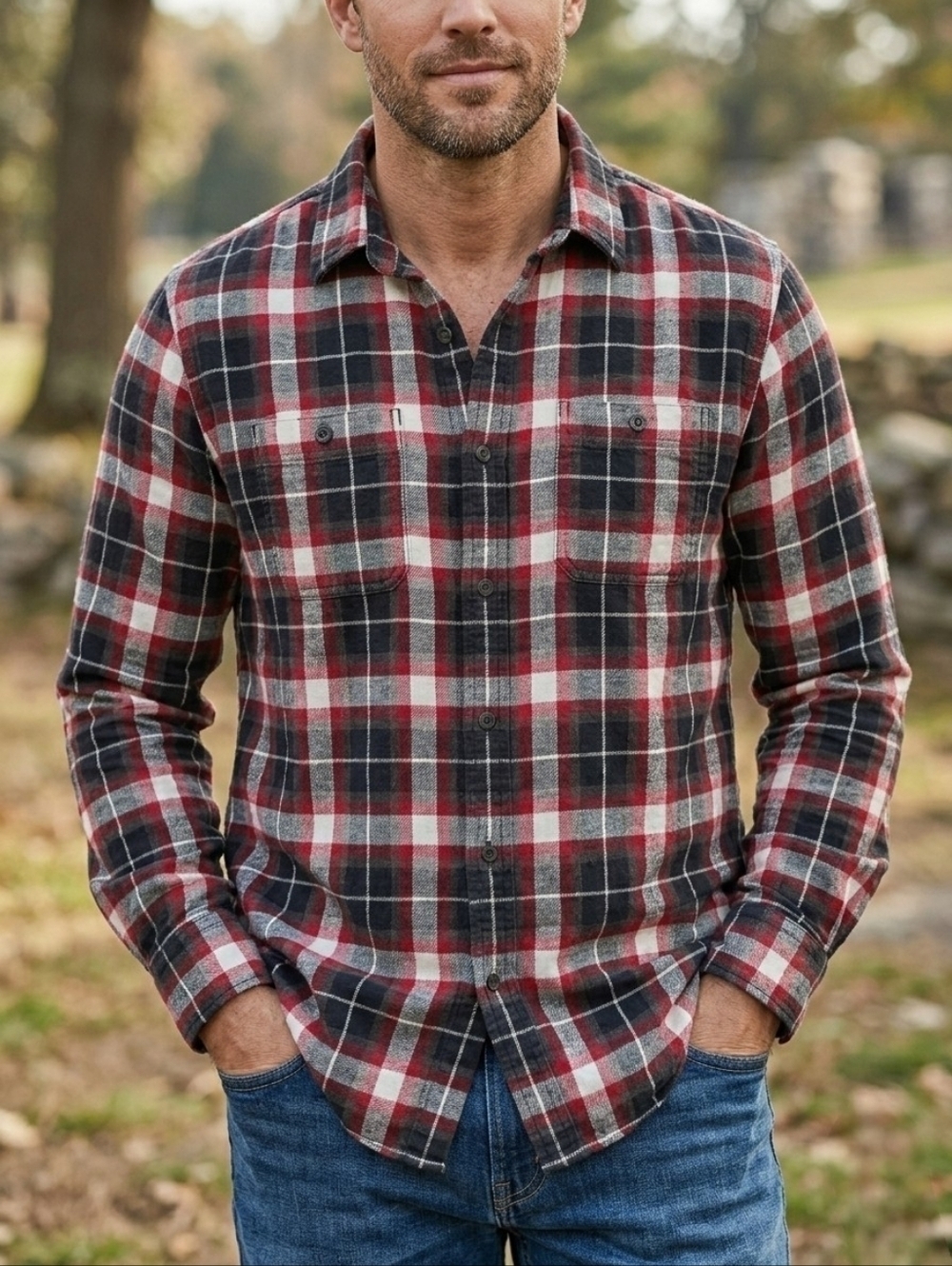 American Eagle Prep Fit Large Red Black Plaid Flannel Shirt